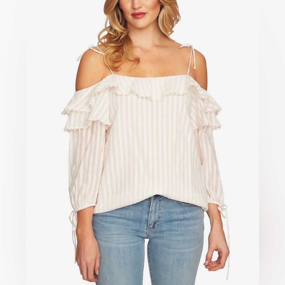 CeCe Off the Shoulder‎ Ruffle Top Blush and White Size Small